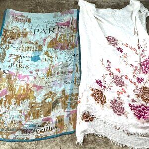 Womens Scarves (2) Paris Souvenir Gauzy 60 x 20” & Flower Fringe 74 x 29"